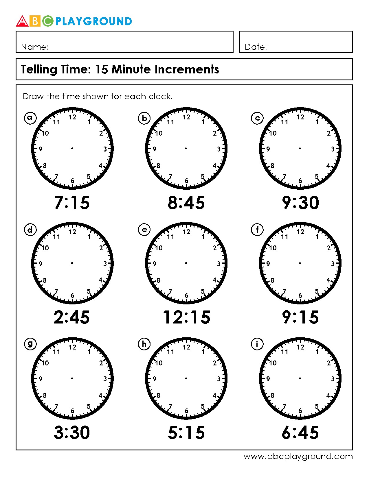 Practice Telling Time in 15 Minute Increments
